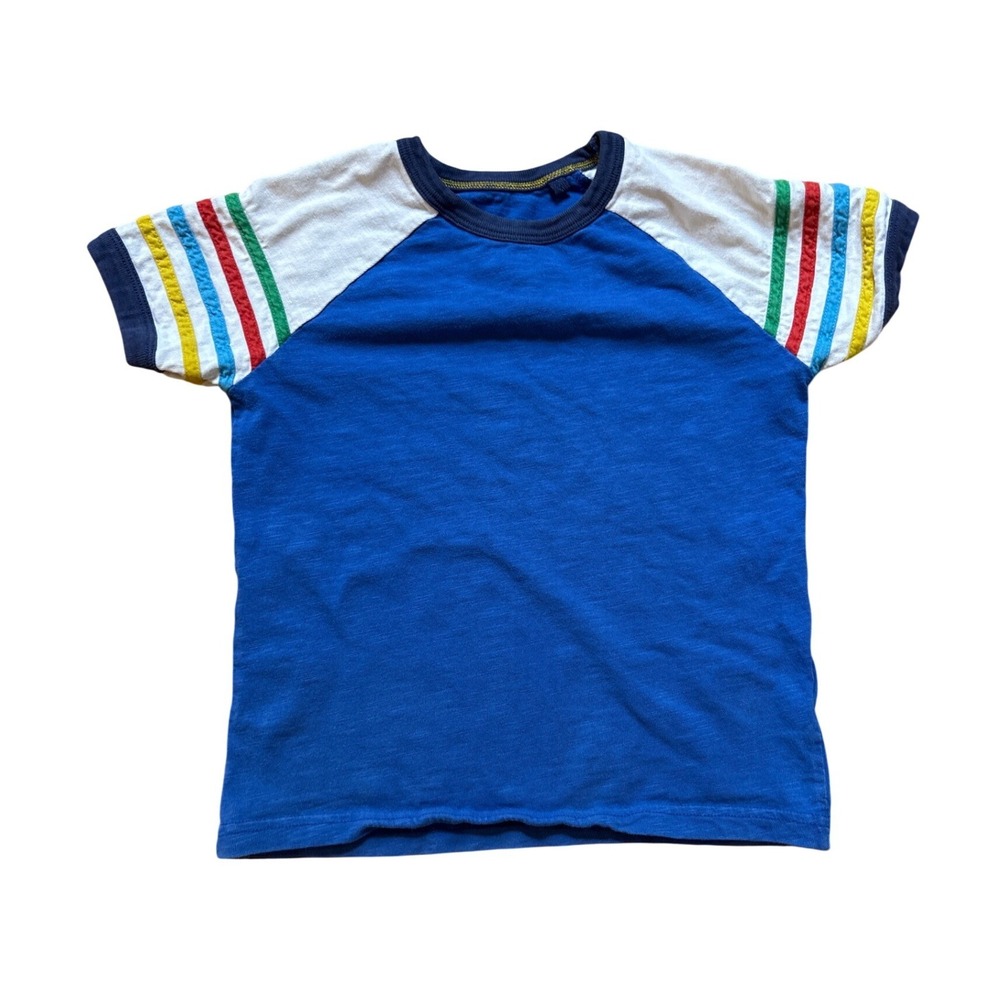 Boden Raglan T-Shirt‎ Kids Blue Excellent Rainbow Stripe Sleeve SIZE 6-7Y